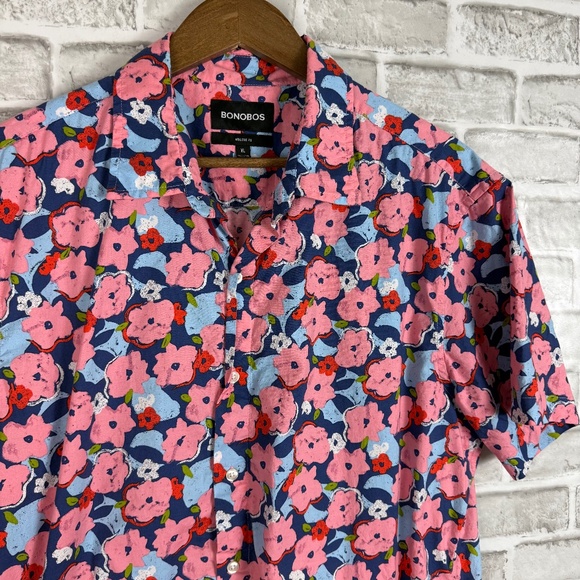 Bonobos Athletic Fit Light Pink Floral Casual Short Slv Button Up Shirt Mens XL - Picture 1 of 6